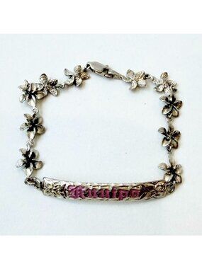 Hawaiian Heirloom ID Bracelet Plumeria Flower Sterling Silver Bracelet